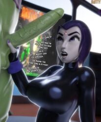 3d 3d_(artwork) beast_boy bottomless duo english_text erection female huge_balls huge_breasts huge_cock huge_cock human male raven_(dc) smitty34 teen_titans