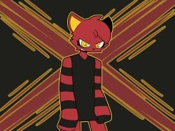 animated anthro axle_(whygena) biped black_nose bottomless catboy clothed clothing clothing_lift domestic_cat erection eyelashes felid feline felis femboy femboydom fingers flashing fur furry genitals gesture glans hand_gesture humanoid_genitalia humanoid_penis hung_trap long_sleeve_shirt long_sleeves male male_only mammal middle_finger oversized_sleeves pac-man_eyes penis red_body red_fur short_playtime simple_background smile smirk solo standing whygena yellow_eyes