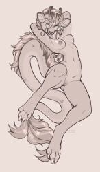 2025 4_toes anthro antlers areola barbel_(anatomy) breasts claws closed_eyes deer dorsal_crest dragon feet female flesh_whiskers fur furred_dragon furred_scalie greyscale hair hi_res horn hybrid long_tail mammal monochrome mythological_creature mythological_scalie mythology nipples nude pussy scalie seraphictiger simple_background smile solo tail tail_tuft toe_claws toes tuft vulva watermark white_background