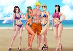 1boy 4girls adapted_costume amenoosa ass_grab asymmetrical_docking beach bikini black_hair blonde_hair blush breast_press cleavage curvaceous curvy curvy_female curvy_figure dark-skinned_female dark_skin flip_flops full_body fuu_(naruto) genderswap_(mtf) green_hair haku_(naruto) harem hourglass_figure jinchuriki kunoichi light-skinned_female light-skinned_male light_skin lipstick long_hair looking_at_another looking_at_partner looking_at_viewer makeup midriff multiple_girls naked_footwear naruto naruto_(series) naruto_shippuden nii_yugito ninja nohara_rin outdoors rule_63 sandals seaside shirtless shirtless_male shorts shoulder_length_hair sunglasses sunglasses_on_head swimsuit toned toned_male uzumaki_naruto very_long_hair waist_grab yellow_hair