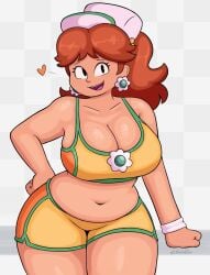 artist_name big_breasts brown_hair cleavage earrings flower_earrings freckles freckles_on_breasts freckles_on_face freckles_on_shoulders mario_(series) mario_kart mario_kart_world navel nintendo open_mouth princess_daisy princess_daisy_(swimwear) shorts sketchfins super_mario_bros. swimsuit thick_thighs thighs
