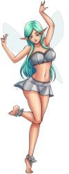 ankle_cuffs ankle_garter anklet aqua_hair armpits arms_up bare_shoulders barefoot bra breasts cg cleavage collarbone elf fairy fairy_wings female full_body green_background green_eyes green_hair hentai_heroes jewelry kinkoid large_breasts lingerie long_hair looking_at_viewer magical_sanita_(hentai_heroes) makeup midriff nail_polish navel official_art parody pointy_ears sanita_(hentai_heroes) see-through simple_background skirt smile solo standing standing_on_one_leg strapless strapless_bra toes transparent_background underwear wings