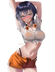 1girls absurdres arm_up belle_(zenless_zone_zero) bikini_under_shorts black_hair blush breasts cleavage commentary contrapposto cowboy_shot crossed_bangs female green_eyes hair_between_eyes helldeer highres large_breasts looking_at_viewer navel orange_shorts parted_lips see-through_clothes see-through_shirt shirt shorts simple_background solo stomach twitter_username white_background white_shirt zenless_zone_zero