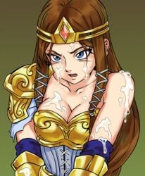 armor bare_shoulders blue_eyes blush breasts brown_hair bukkake cg cleavage collarbone corset cum cum_on_body cum_on_breasts cum_on_hair facial female hentai_heroes kinkoid large_breasts long_hair looking_at_viewer medium_breasts official_art open_mouth parody princess_agate_(hentai_heroes) shoulder_pads simple_background solo sweat tiara torn_clothes
