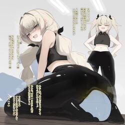 1boy 2girls ass black_hair_ribbon black_pants blush face_shadow faceless_male facesitting femdom latex_clothing latex_pants mischievous_smile oerba_yun_fang silver_hair slight_blush stink_fumes text thick_thighs topwear trembling tsuchiro twins twintails