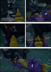 3d_(artwork) absurd_res activision balls cave comic dark_body dark_spyro digital_media_(artwork) dragon drakeledragon duo erection fellatio feral genitals grey_balls grey_body grey_penis happy happy_sex hi_res horn looking_at_genitalia looking_at_penis male male/male mythological_creature mythological_scalie mythology open_mouth oral penile penis purple_body purple_eyes red_eyes rope scalie sex source_filmmaker_(artwork) spyro spyro_the_dragon sucking surprised_expression tail teeth text tongue wings worried worried_face yellow_balls yellow_body yellow_penis