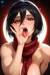 1girls ai ai_assisted ai_generated anime artist_name attack_on_titan between_breasts black_eyes black_hair blush breasts dibzprintz fansly fellatio_gesture female hair_between_eyes heart heart-shaped_pupils hi_res high_quality high_resolution highres large_breasts looking_at_viewer mikasa_ackerman nude open_mouth oral_invitation patreon_username red_scarf saliva scarf shingeki_no_kyojin short_hair solo sweat symbol-shaped_pupils teeth tongue tongue_out upper_body upper_teeth_only uvula watermark