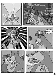 anthro baloo bear comic cunnilingus disney english_text female fur furry kissing male mammal monochrome nude oral oral_sex rebecca_cunningham sex straight talespin text the_five_year_bitch