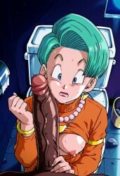 ai_generated akaz123 blue_hair bulma_briefs cheating_wife dragon_ball dragon_ball_gt drooling forearm_cock horny_female large_breasts looking_at_penis mr._satan orange_dress penis_awe retro_artstyle shocked_expression steaming_body surprised_expression sweating