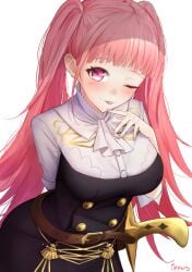 1girls arm_behind_back artist_name belt blush breasts cowboy_shot dress female female_focus fire_emblem fire_emblem:_three_houses garreg_mach_monastery_uniform hilda_valentine_goneril ippers large_breasts long_hair looking_at_viewer neckerchief nintendo one_eye_closed pink_eyes pink_hair sheath sheathed short_dress simple_background smile solo sword tongue tongue_out twintails weapon white_background wink