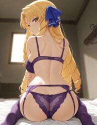 1girls ai_generated back_view blonde_hair fate/grand_order fate/stay_night garter_belt garter_straps lingerie luviagelita_edelfelt panties purple_bra purple_panties solo