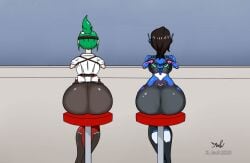 2d 2girls asian asian_female big_ass big_butt blizzard_entertainment brown_hair color colored d.va digital_art drawing green_hair hana_song japanese_female jeoh2020 kiriko_(overwatch) kiriko_kamori korean_female no_nude overwatch overwatch_2 signature stool voluptuous voluptuous_female watermark