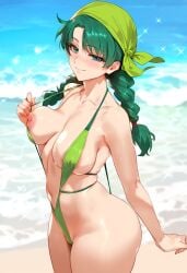 ai_generated bandana beach beach_background bikini blush blush fire_emblem fire_emblem:_the_blazing_blade green_bandana green_bikini green_eyes green_hair light-skinned_female light_skin looking_at_viewer medium_breasts nipple_bulge nipples nipples_visible_through_clothing rebecca_(fire_emblem) slingshot_bikini slingshot_swimsuit smile smiling smiling_at_viewer tharkica twintails
