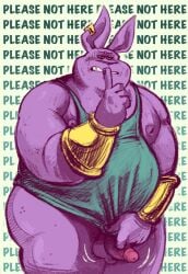 anthro armor balls belly bottomless bottomless_anthro bottomless_male bracers champa clothed clothing clothing_pull domestic_cat dragon_ball dragon_ball_super ear_piercing ear_ring embarrassed english_text erection felid feline felis genitals hi_res male mammal nipples overweight penis piercing pozole ring_piercing shirt solo tank_top text topwear
