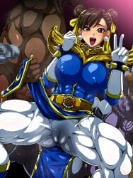 blue_phoenix_ranger bodysuit breasts capcom censored censored_penis chun-li costume covered_nipples crossover erect_nipples erect_nipples_under_clothes faceless_male female female_focus huge_cock large_breasts looking_at_viewer muscular muscular_male muscular_thighs nipples penis power_rangers raburebo solo_female spread_legs spreading squatting street_fighter suit super_sentai thick thick_thighs thighhighs thighs unseen_male_face wet wet_clothes wet_pussy