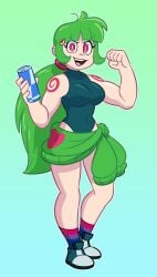 better_version biceps big_breasts clean_skin davidbaronart drink flexing_bicep green_hair gym_clothes long_legs muscles muscular_female simple_background thick_thighs vannamelon_(copyright) watermelon