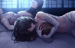 1boy 2girls bandaged_arm bandaged_head bandaged_leg bandages black_hair box breasts clothed_female_nude_male clothes_lift cowgirl_position expressionless game_cg gloves highres indoors kaguyuzu kuryo_nozomi lying moonlight multiple_girls navel nie_no_hakoniwa night nipples non-web_source nude on_side school_uniform serafuku sex shiki_kyoko short_hair skirt skirt_lift small_breasts straddling straight yasaka_kurou