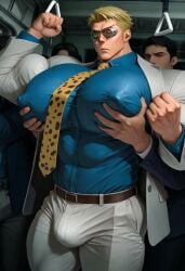 ai ai_generated bara bara_tiddies bara_tits blonde_hair blonde_hair_male blonde_male dukatar44 gay male male_only metro pointy_nipples squeezing_breasts squeezing_pecs subway