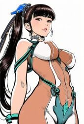 1girls 2025 2d ai_generated bare_shoulders black_hair blush bodysuit brown_eyes covered_nipples english_commentary eve_(stellar_blade) hairclip highres hime_cut jyoutube2025 large_breasts long_hair looking_at_viewer parted_lips pink_lips ponytail scrunchie simple_background skin_suit_(stellar_blade) solo standing stellar_blade thick_thighs underboob very_long_hair white_background white_gloves