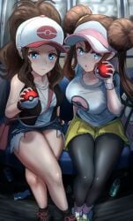 2girls bare_legs baseball_cap blue_eyes brown_hair denim denim_shorts double_bun hair_bun hat highres hilda_(pokemon) ippers looking_at_viewer multiple_girls nintendo pantyhose poke_ball poke_ball_(basic) poke_ball_symbol pokemon pokemon_bw pokemon_bw2 ponytail rosa_(pokemon) short_shorts shorts sitting train_interior twintails visor_cap yellow_shorts