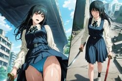 1girls ai_generated blue_panties chainsaw_man panties pantyshot solo sweet_studio sword weapon yoru_(chainsaw_man)