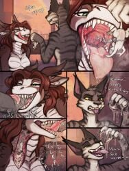 3:4 abbie_(heckineatcha) absurd_res acidic ambiguous_gender anthro bodily_fluids brown_body brown_hair brown_horn brown_scales cid_(acidic) comic domestic_cat dragon drooling felid feline felis female fur green_eyes grey_body grey_fur group hair hi_res horn internal licking licking_lips licking_own_lips male mammal mouse murid murine mythological_creature mythological_scalie mythology notched_ear nude open_mouth oral_fisting oral_vore red_eyes rodent saliva saliva_string scales scalie striped_arms striped_back tongue tongue_out trio vore white_body white_fur white_scales yellow_sclera