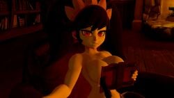 1girl 1girls 3d aged_up armchair ashley_(warioware) black_hair boobs boobs_covered book book_covering_breasts books bookshelf bookshelves breasts breasts_covered chair covering_breasts cute detrun female female_only furaffinity_link furaffinity_username headband human human_female indoor_nudity indoors library light-skinned_female lights_off looking_at_viewer mostly_naked mostly_naked_female mostly_nude mostly_nude_female naked naked_female nintendo nipples_covered nude nude_female red_eyes sitting sitting_on_chair solo solo_female source_filmmaker source_filmmaker_(artwork) stockings trend warioware witch younger_female