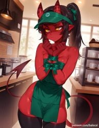 ai_generated balecxi barista black_hair black_thighhighs bound breasts colored_skin demon_girl demon_tail female freckles green_apron horns indoors long_hair meru_(merunyaa) meruccubus_(merunyaa) pointy_ears ponytail red_skin solo visor_cap yellow_eyes