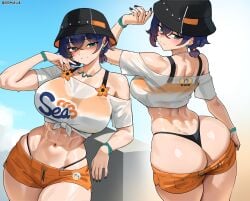 1girls ass belle_(zenless_zone_zero) blue_hair breasts cromwellb dat_ass female green_eyes hi_res huge_ass large_breasts light-skinned_female light_skin naughty_face short_hair thick_thighs zenless_zone_zero