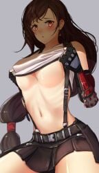 1girls :o bare_shoulders black_gloves black_skirt blush breasts brown_eyes brown_hair clothes_lift earrings elbow_pads female female_focus final_fantasy final_fantasy_vii final_fantasy_vii_remake fingerless_gloves gloves highres ippers jewelry long_hair looking_at_viewer low-tied_long_hair midriff miniskirt navel open_mouth pencil_skirt pleated_skirt ribs shaded_face shadow shiny_skin shirt shirt_lift skirt solo sports_bra sports_bra_lift stomach suspender_skirt suspenders swept_bangs tank_top taut_clothes taut_shirt thick_thighs thighs tifa_lockhart underboob very_long_hair white_tank_top