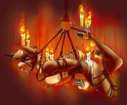 absurd_res anthro arms_tied balls bat bedroom_eyes belt bent_legs big_balls black_claws blue_eyes blush blush_lines bondage bondage bound brown_body brown_fur brown_hair brown_tail cabrita_rosa candle candlelight candlestick chastity_cage chastity_device chest_tuft claws digital_media_(artwork) feet finger_claws fire flaccid fur genitals hair hands_behind_back hands_tied head_harness head_tied head_tuft hi_res huge_balls joel_(jaspershard) legs_tied legs_up light male mammal muzzle_(object) narrowed_eyes nipples penis pink_nipples pink_nose pink_tongue restraints rope rope_around_neck rope_belt rope_bondage rope_harness rope_muzzle seductive shaded short_tail side_view signature simple_background solo suspension tail toe_claws tongue tongue_out tuft wax wax_in_hair wax_on_butt wax_on_feet wax_on_head wax_on_leg wax_play