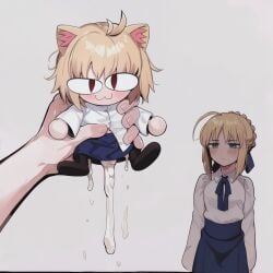 1boy 1other 2girls :3 after_rape after_sex ahoge animal_ear_fluff animal_ears artoria_pendragon_(fate) black_pantyhose blonde_hair blue_ribbon blue_skirt blush braid cat_ears cat_girl character_doll closed_mouth clothing collared_shirt cum cumdrip doll female green_eyes holding holding_doll latbjorn_ai long_skirt long_sleeves looking_at_viewer mini_person minigirl multiple_girls neco-arc pantyhose red_eyes ribbon saber_(fate) semen shirt short_hair skirt slit_pupils suggestive_fluid tsukihime unamused white_shirt