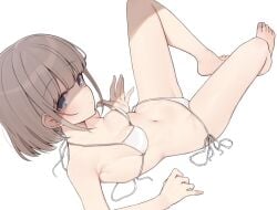 aa211108 armpits bare_arms bare_belly bare_legs bare_shoulders bare_thighs barefoot belly_button bikini blue_eyes blush breasts cleavage collarbone feet grey_hair idolmaster idolmaster_shiny_colors lying parted_lips serizawa_asahi short_hair side-tie_bikini_bottom small_breasts string_bikini thighs toes white_bikini