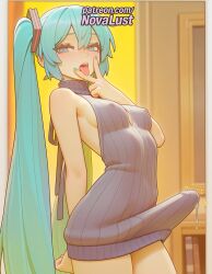 1futa 2025 ai_generated aqua_hair aqua_nails artist_name bare_shoulders blue_nails blurry blush breasts breasts breasts bust chest dress futanari hatsune_miku hi_res high_quality high_resolution highres long_hair meme_attire nail_polish naked_sweater naughty_face novalust patreon patreon_username ribbed_sweater sleeveless solo stable_diffusion sweater tongue tongue_out turtleneck twintails very_long_hair virgin_killer_sweater vocaloid watermark white_sweater