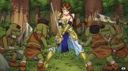 2girls armor blue_eyes blue_skin boots braid breasts brown_hair cg cleavage clenched_teeth colored_skin female forest gloves goblin grass green_skin helmet hentai_heroes holding holding_sword holding_weapon kinkoid large_breasts loincloth long_hair medium_breasts monster multiple_boys nature official_art orc outdoors parody princess_agate_(hentai_heroes) sharp_teeth shield short_hair shoulder_armor single_braid sword teeth tiara torn_clothes tree weapon