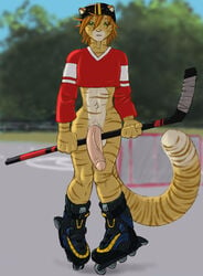 1boy anthro balls big_penis bottomless feline fluffy_tail fur furry gideon green_eyes hi_res hockey_stick inline_skates male male_only penis sheath solo street_hockey tail vein