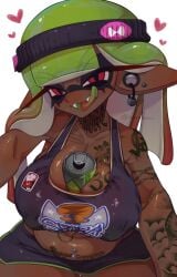 1girls belly_button_piercing big_breasts big_eyelashes breasts can chubby chubby_female cleavage crop_top dark-skinned_female dark_skin ear_piercing energy_drink eyelashes female female_focus female_only green_hair half-closed_eyes headband heart heart_symbol inkling inkling_girl large_breasts licking licking_lips licking_own_lips looking_at_viewer mask_(marking) mollusk mollusk_humanoid nintendo nintendo_switch nipple_bulge object_between_breasts pierced_ears pierced_tongue piercing piercings pointy_ears pseudo_hair red_eyes shorts simple_background smiling smiling_at_viewer solo solo_female solo_focus splatoon splatoon_(series) splatoon_3 squid stomach suggestive suggestive_look tattoo tattoo_on_arm tattoo_on_belly tattoo_on_breast tattoo_on_neck tattooed_arm tattoos thick_thighs thighs tongue tongue_out tongue_piercing video_game_character video_games volleyball_shorts white_background
