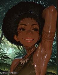 afro ai_generated armpit_fetish armpits bebora black_body black_eyes black_hair dark-skinned_female dark_hair dark_skin hi_res high_quality high_resolution highres original original_character patreon sweat sweatdrop sweating sweaty_body uncensored wet wet_body wet_skin