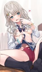 alternate_hair_length alternate_hairstyle amrita_(amber78gou) black_socks blue_eyes blush breasts cameltoe earrings feet grey_hair gyaru idolmaster idolmaster_shiny_colors long_hair long_sleeves medium_breasts miniskirt nipples no_bra open_shirt panties parted_lips red_panties school_uniform serizawa_asahi skirt skirt_lift socks spread_legs thighs toes