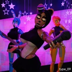 1:1 3d_(artwork) abs animatronic anthro avian beak bear big_breasts bird black_bottomwear black_clothing black_hair black_lips black_shirt black_skirt black_thong black_topwear black_underwear blue_body blue_eyes blue_hair bottomwear breasts brown_body chica_(fnaf) chicken clothing digital_media_(artwork) electric_guitar electronics female five_nights_at_freddy's five_nights_at_freddy's_2 freddy_(fnaf) galliform gallus_(genus) glowing glowing_eyes group guitar hair hat headgear headwear hi_res holding_guitar holding_microphone holding_musical_instrument holding_object lagomorph leporid lips looking_at_viewer machine mammal microphone midriff mtf_crossgender musical_instrument non-mammal_breasts open_mouth phasianid plucked_string_instrument rabbit red_hair robot robot_anthro rule_63 scottgames shirt short_hair skirt sleeveless_shirt string_instrument thick_thighs thong top_hat topwear toy_bonnie_(fnaf) trio type_09 under_boob underwear watermark yellow_body yellow_eyes