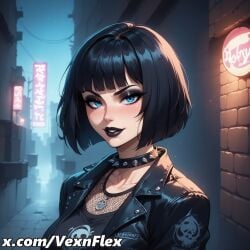 ai_generated bangs black_hair black_jacket black_lips black_shirt blue_eyes blunt_bangs blush bob_cut breasts collar collarbone english_text eyeshadow female fishnets gothic hi_res high_resolution jacket jewelry lipstick looking_at_viewer makeup mascara necklace night outdoors shirt short_hair smile solo spiked_collar spikes upper_body vexnflex watermark