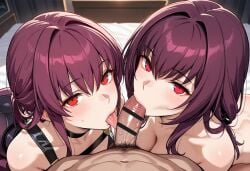 2girls ai_generated crossover double_fellatio fate/grand_order fellatio honkai:_star_rail kafka_(honkai:_star_rail) oncetwice oral oral_sex pov pov_blowjob scathach_(fate)