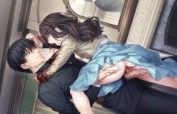 1boy after_vaginal ass black_hair bleeding blood blood_from_mouth blood_on_clothes breasts censored clothes_lift cum cum_in_pussy cumdrip defloration dress dress_lift erection female game_cg guro highres indoors injury kaguyuzu long_hair looking_at_another mirror mosaic_censoring nie_no_hakoniwa non-web_source open_mouth penis pulling_tongue rape reflection rikugou_sanae sadism severed_tongue sex small_breasts smile standing standing_sex straight tongue tongue_out yasaka_kurou