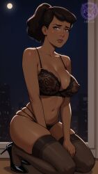 ai_generated beckett_mariner brown_hair curvy curvy_figure dark-skinned_female dark_skin earrings embarrassed female high_heels kneeling lace large_breasts lingerie makeup mature_female milf on_knees panties raiven skindentation star_trek_lower_decks stockings thick_thighs wide_hips worried