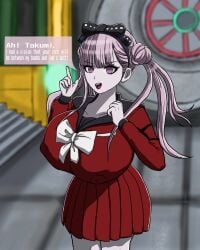 1girls 2d_(artwork) 2d_artwork boobs_bigger_than_head confident confident_female cute cute_face fingers grey_hair hair_ribbon large_boobs large_breasts male_pov nipple_bulge nipples pigtails purple_eyes red_clothing the_hundred_line_-last_defense_academy- tight_clothes tight_clothing tight_fit tsukumo_kako uniform