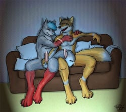 anthro bask canine couple cum fox fur furry furry_only gay job male masturbation night no_humans penis sofa tail tailjob uncut wolf