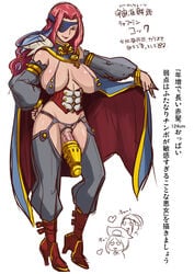 1futa armor blush boots breasts butcha-u cape captain_cock_(eroquis) cleavage cock_armor eroquis eye_patch eyelashes futanari hand_on_hip heart intersex large_breasts large_penis long_hair original_character penis penis_ornament red_hair revealing_clothes sketch smile text translation_request veins veiny_penis white_background