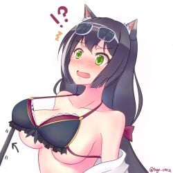 !? black_hair blush blush cat_ears catgirl embarrassed green_eyes karyl_(princess_connect!) lifting_bra long_hair open_eyes open_mouth princess_connect! shirtless tagu_hblabe tears