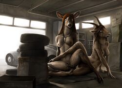 antelope breasts brown brown_hair car cervine deer defenbaugh doe ear_piercing female garage hair hooves horns kaji long_hair looking_at_viewer mammal necklace nude oryx piercing pussy pussy_juice sex surprised tribadism yuri