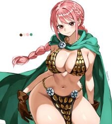 absurdres armor bikini_armor blush braid breasts brown_eyes cape chains cleavage color_guide commentary_request female gloves gold_chain green_cape highres jewelry kasumi6 large_breasts long_hair necklace one_piece pink_hair rebecca_(one_piece) shiny_skin thick_thighs thighs white_background wide_hips